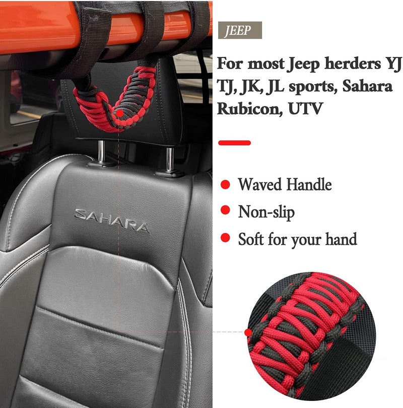 Kujunpao 4 X Roll Bar Grab Handles Grip Handle Compatible with Jeep Wrangler JLU JK JKU TJ YJ LJ JT JL & Gladiator JT 1987-2021 UTV & ATV, Fits 1.5 to 3 Inch Bars 3 Straps Woven Holder(Red) - Image 2